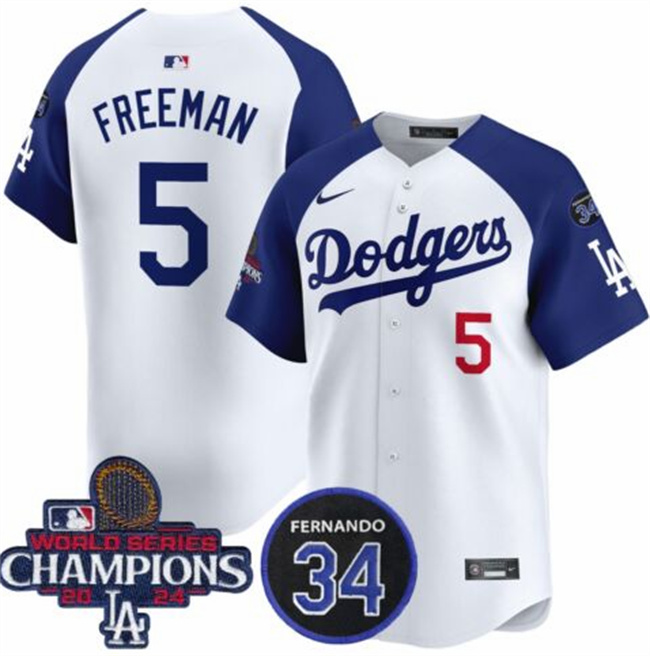 Men's Los Angeles Dodgers #5 Freddie Freeman White/Royal 2024 World Series Champions With Fernando Memorial Patch Limited Stitched Baseball Jersey Men's Los Angeles Dodgers #5 Freddie Freeman White/Royal 2024 World Series Champions With Fernando Memorial Patch Limited Stitched Baseball Jersey